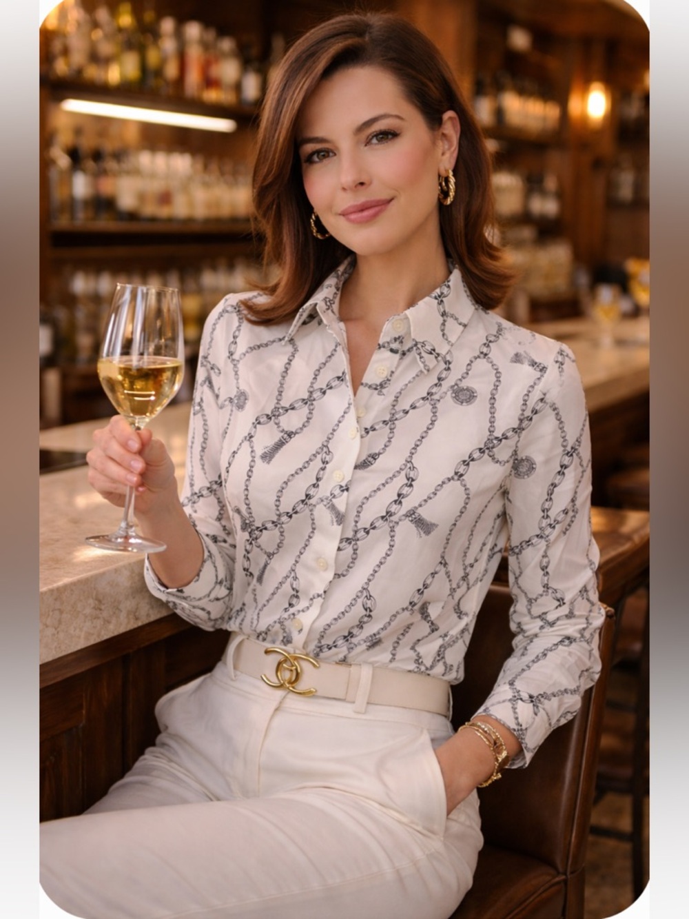 St. John Cream Blouse with Black Chain and Tassel Print